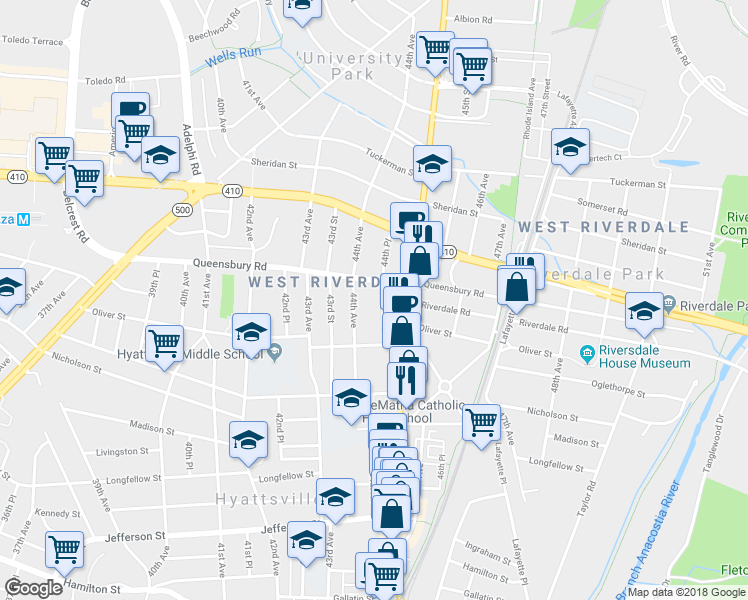map of restaurants, bars, coffee shops, grocery stores, and more near 6112 44th Place in Riverdale Park