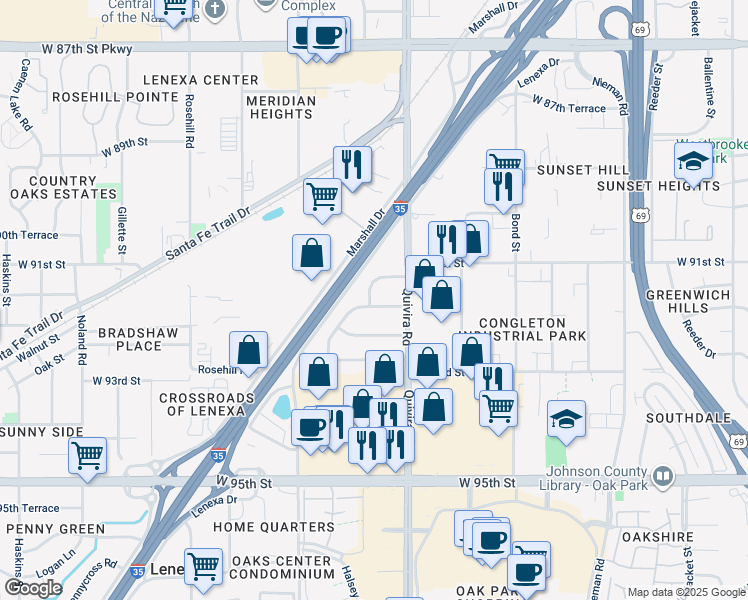 map of restaurants, bars, coffee shops, grocery stores, and more near 11928 West 92nd Street in Lenexa
