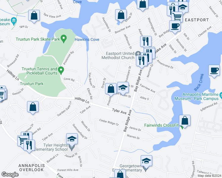 map of restaurants, bars, coffee shops, grocery stores, and more near 1210 President Street in Annapolis
