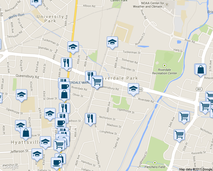 map of restaurants, bars, coffee shops, grocery stores, and more near 4708 Queensbury Road in Riverdale Park