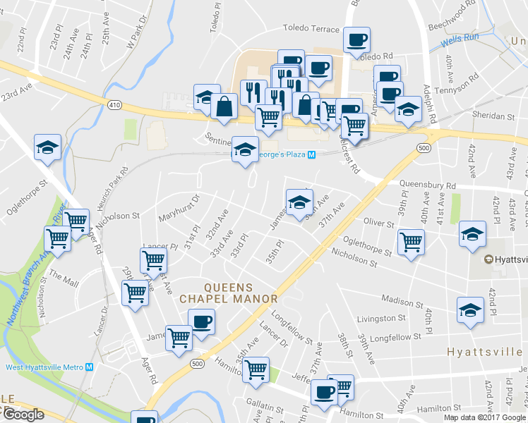 map of restaurants, bars, coffee shops, grocery stores, and more near 5901 34th Ave in Hyattsville