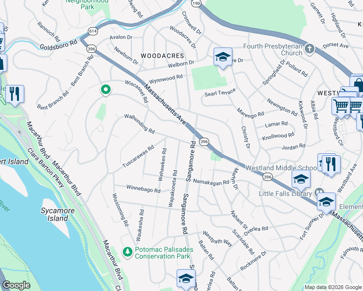 map of restaurants, bars, coffee shops, grocery stores, and more near 6012 Walhonding Road in Bethesda