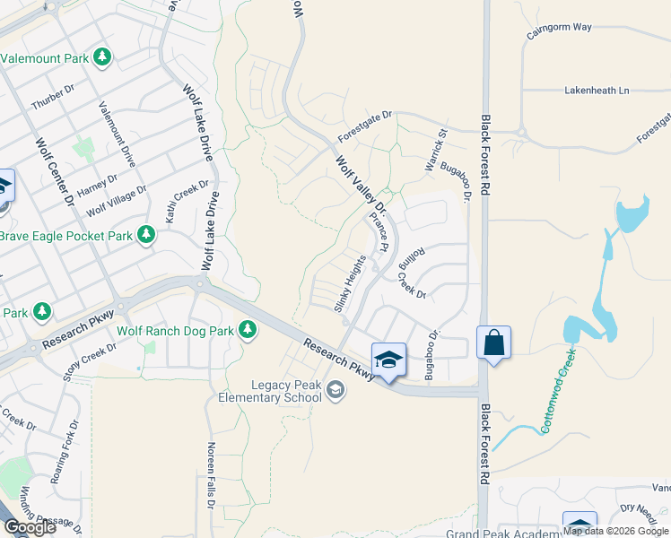 map of restaurants, bars, coffee shops, grocery stores, and more near Research Parkway in Colorado Springs