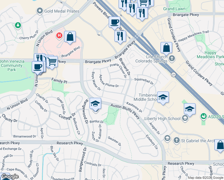 map of restaurants, bars, coffee shops, grocery stores, and more near 4348 Bays Water Drive in Colorado Springs