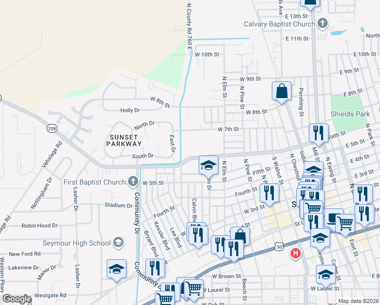 map of restaurants, bars, coffee shops, grocery stores, and more near 730 West 6th Street in Seymour
