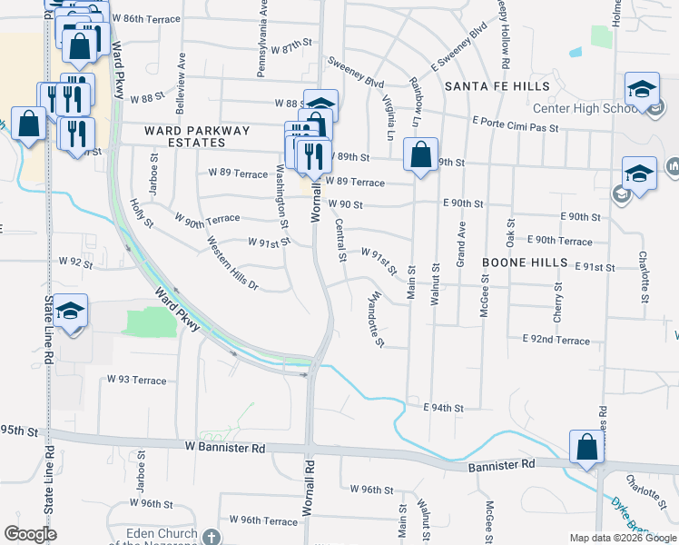 map of restaurants, bars, coffee shops, grocery stores, and more near 9108 Central Street in Kansas City