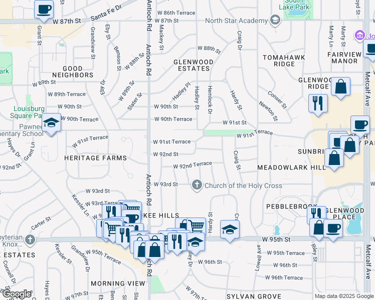 map of restaurants, bars, coffee shops, grocery stores, and more near 8312 West 92nd Street in Overland Park