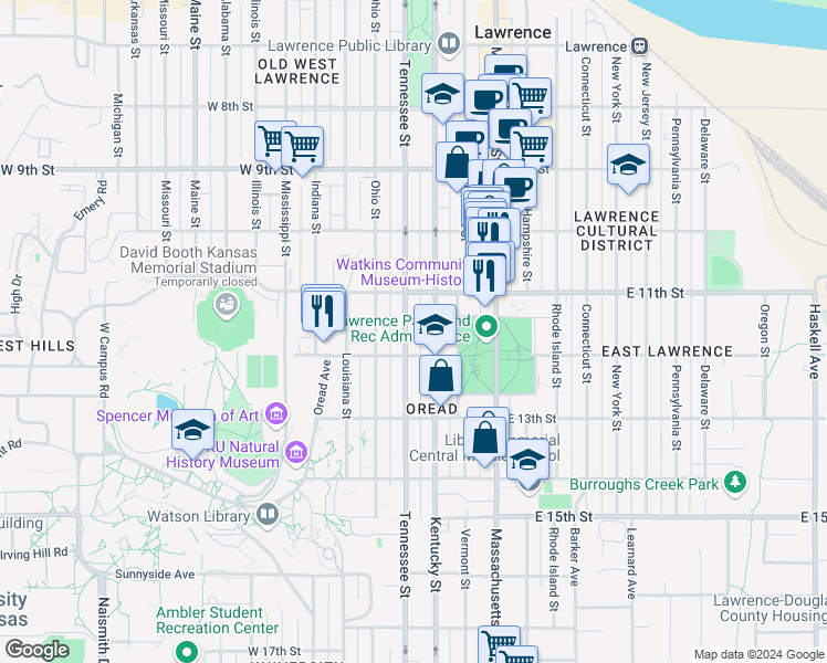 map of restaurants, bars, coffee shops, grocery stores, and more near 1135 Tennessee Street in Lawrence