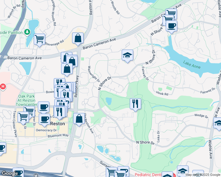 map of restaurants, bars, coffee shops, grocery stores, and more near 11659 North Shore Drive in Reston