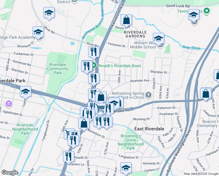map of restaurants, bars, coffee shops, grocery stores, and more near 6218 58th Avenue in East Riverdale