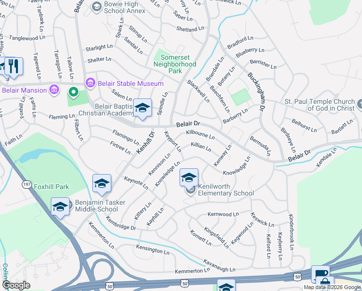 map of restaurants, bars, coffee shops, grocery stores, and more near 12500 Killian Lane in Bowie