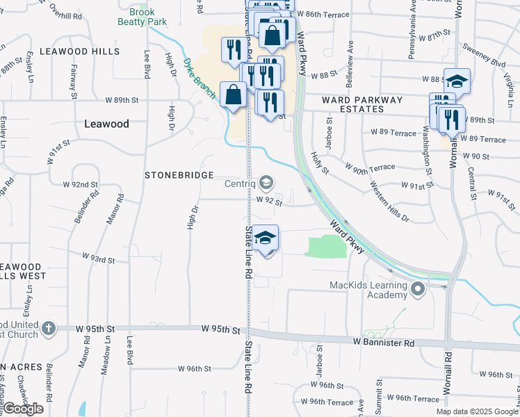 map of restaurants, bars, coffee shops, grocery stores, and more near 9201 State Line Road in Kansas City