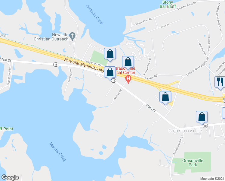 map of restaurants, bars, coffee shops, grocery stores, and more near 109 Marshy Creek Road in Grasonville