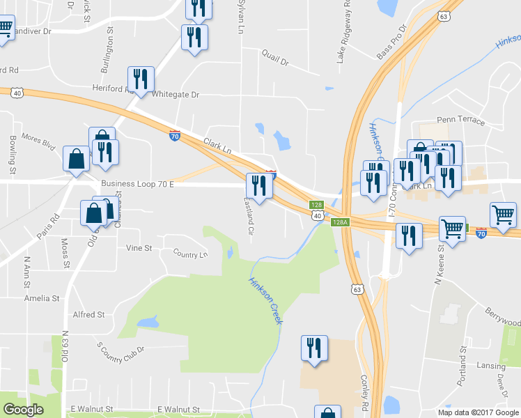 map of restaurants, bars, coffee shops, grocery stores, and more near 2518 Business Loop 70 E in Columbia