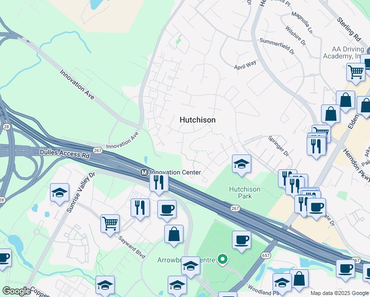 map of restaurants, bars, coffee shops, grocery stores, and more near 2209 Farougi Court in Herndon