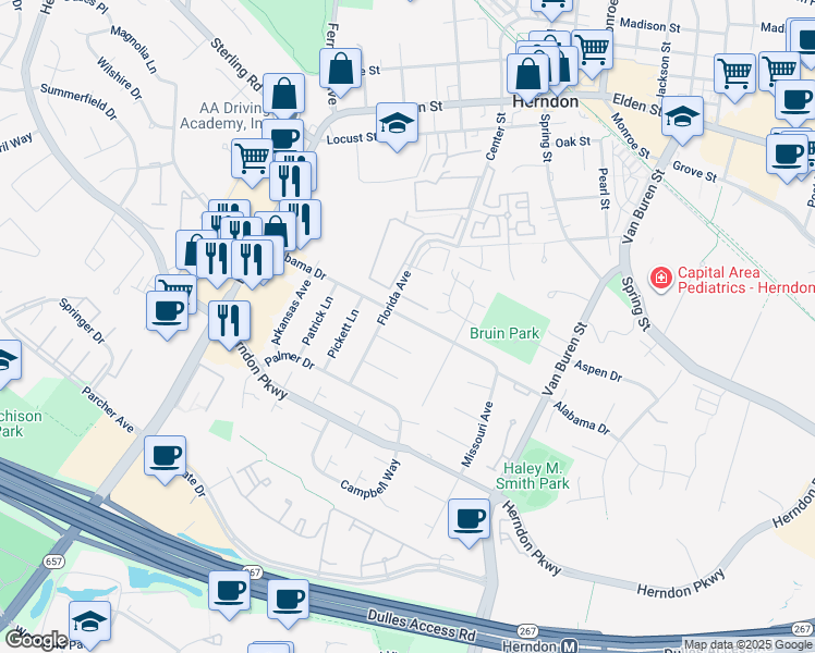map of restaurants, bars, coffee shops, grocery stores, and more near 713 Alabama Drive in Herndon