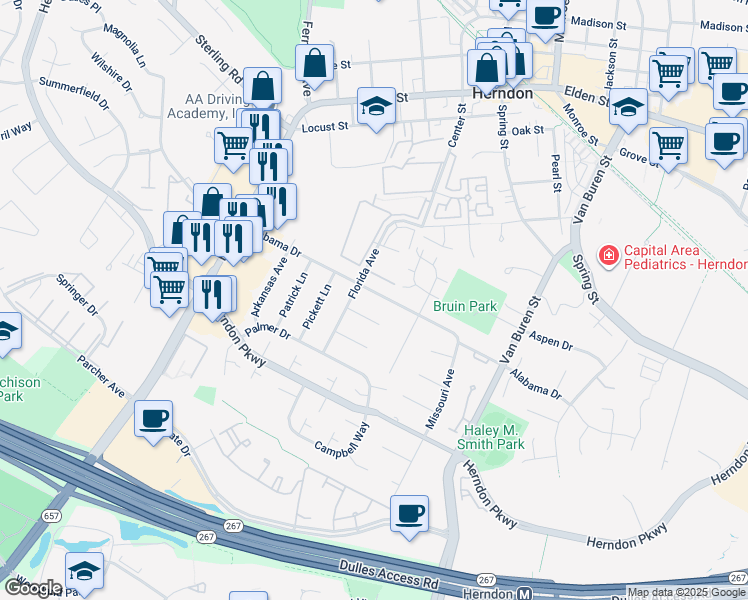map of restaurants, bars, coffee shops, grocery stores, and more near 713 Alabama Drive in Herndon
