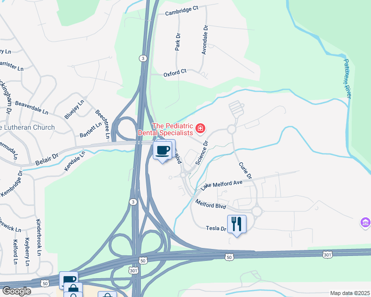 map of restaurants, bars, coffee shops, grocery stores, and more near 16800 Science Drive in Bowie