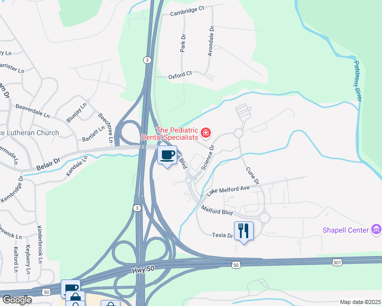 map of restaurants, bars, coffee shops, grocery stores, and more near 16800 Science Drive in Bowie