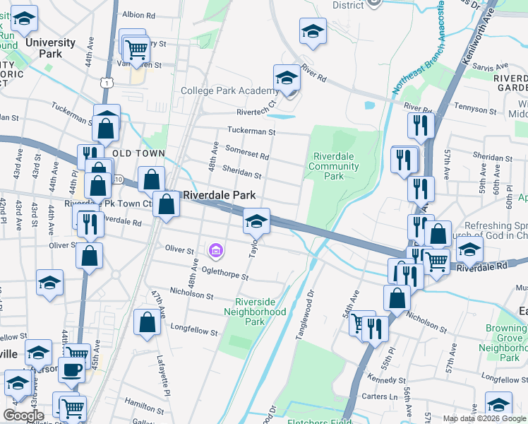 map of restaurants, bars, coffee shops, grocery stores, and more near 5000 East-West Highway in Riverdale Park