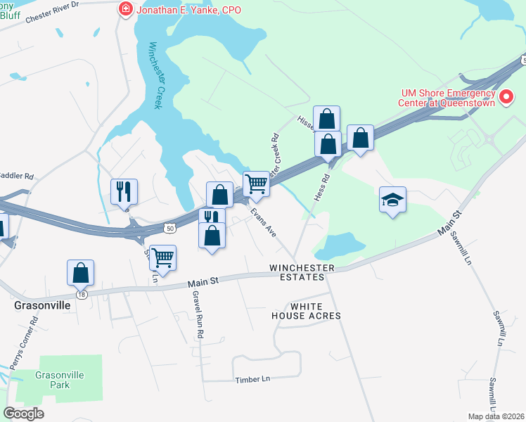 map of restaurants, bars, coffee shops, grocery stores, and more near 234 Evans Avenue in Grasonville