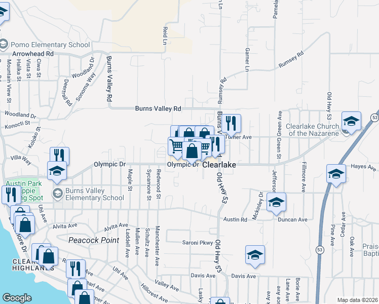 map of restaurants, bars, coffee shops, grocery stores, and more near 14816 Olympic Drive in Clearlake
