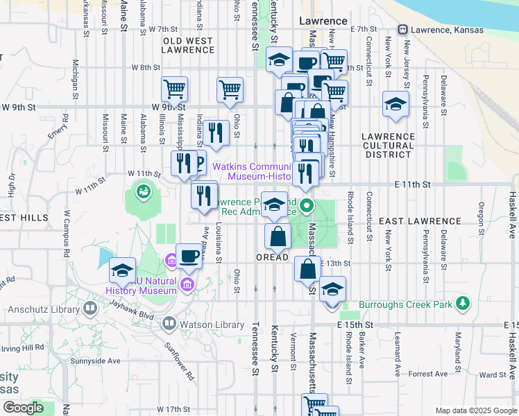 map of restaurants, bars, coffee shops, grocery stores, and more near 1135 Tennessee Street in Lawrence