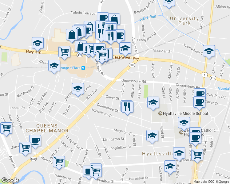 map of restaurants, bars, coffee shops, grocery stores, and more near 3805 Powhatan Road in Hyattsville