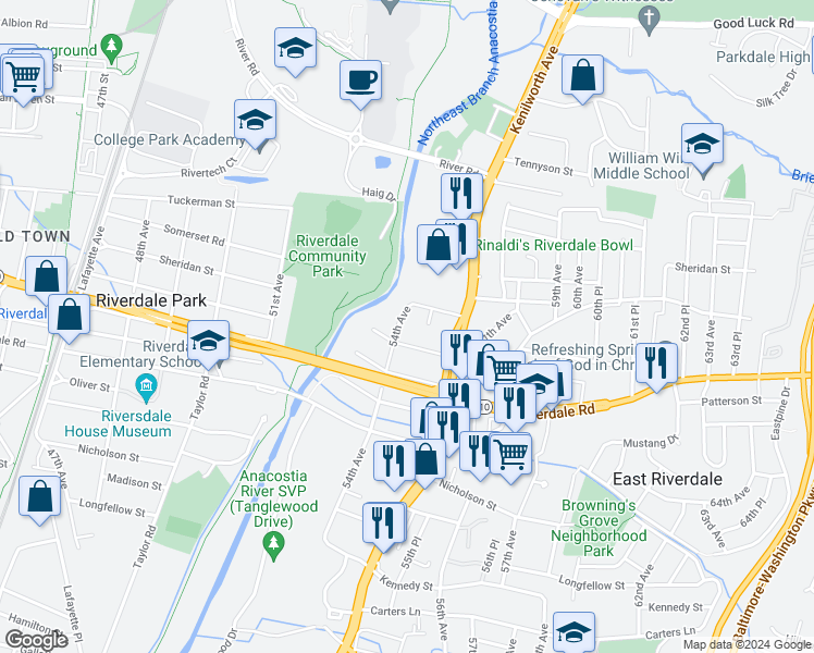 map of restaurants, bars, coffee shops, grocery stores, and more near 6207 54th Avenue in Riverdale Park