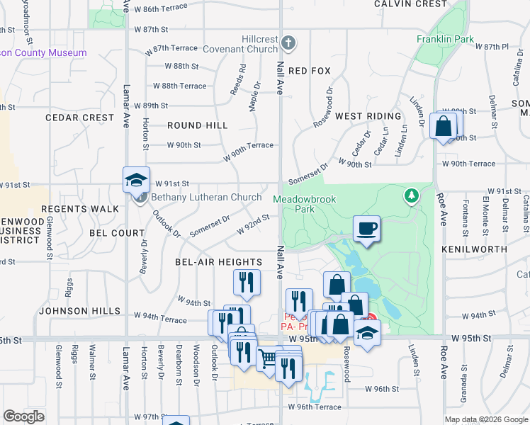 map of restaurants, bars, coffee shops, grocery stores, and more near 5512 West 92nd Street in Overland Park