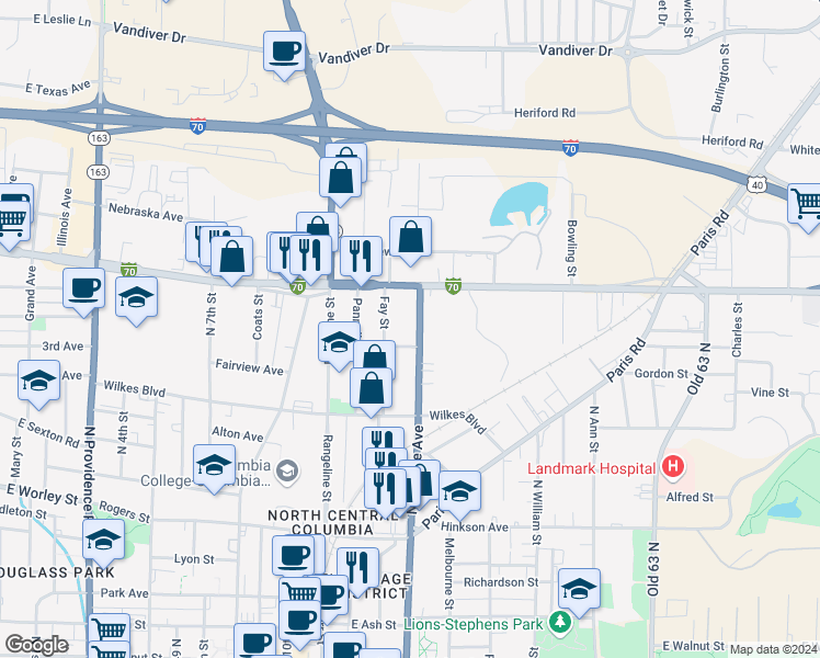 map of restaurants, bars, coffee shops, grocery stores, and more near 1107 North College Avenue in Columbia