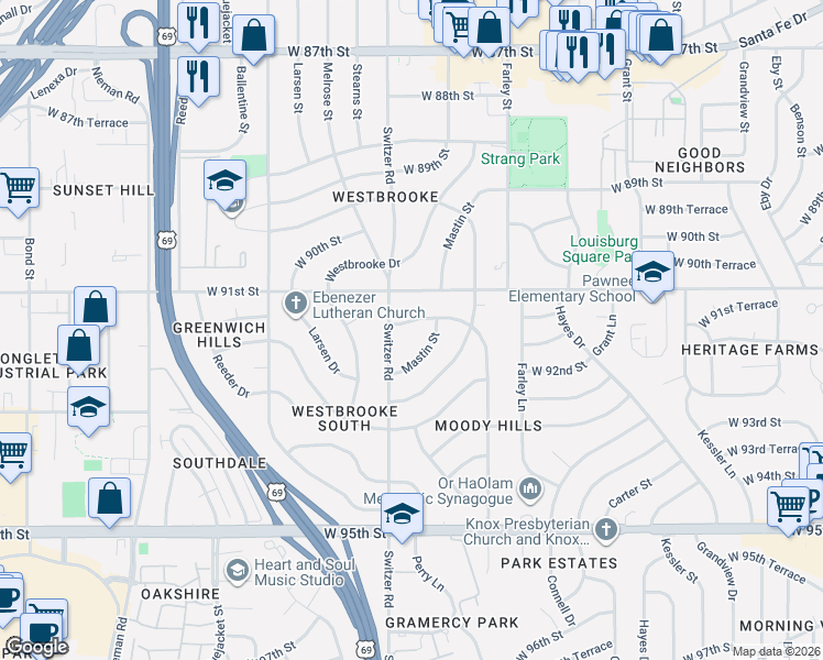 map of restaurants, bars, coffee shops, grocery stores, and more near 10209 Moody Park Dr in Overland Park