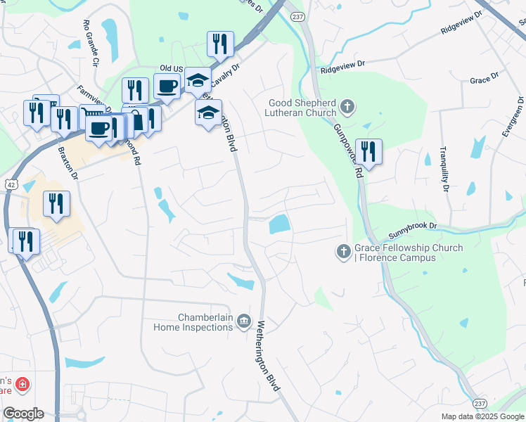 map of restaurants, bars, coffee shops, grocery stores, and more near 1599 Butler Court in Florence
