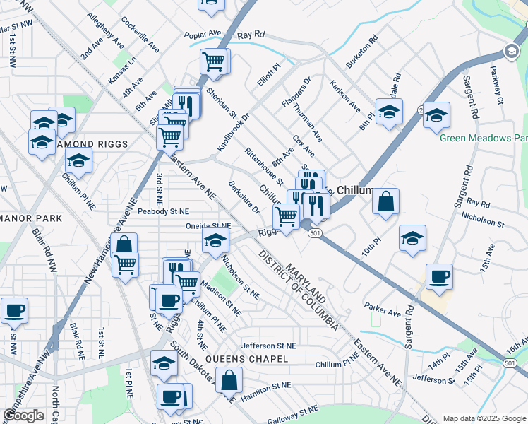 map of restaurants, bars, coffee shops, grocery stores, and more near 846 Berkshire Drive in Hyattsville