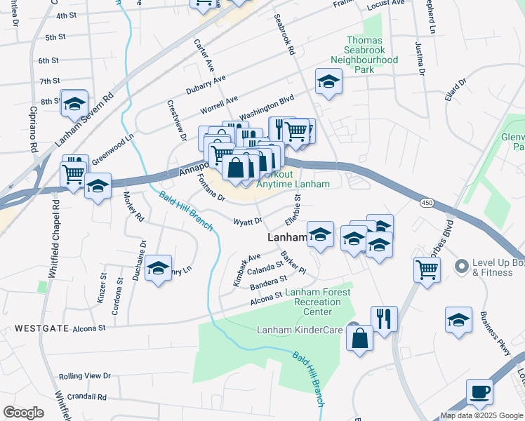 map of restaurants, bars, coffee shops, grocery stores, and more near 5703 Barker Place in Lanham