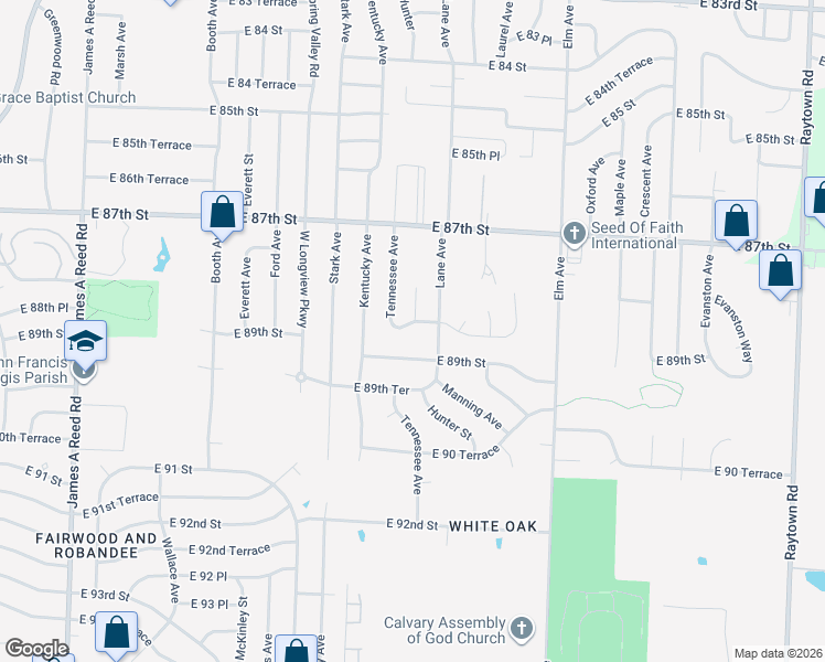 map of restaurants, bars, coffee shops, grocery stores, and more near 8921 East 88th Terrace in Kansas City