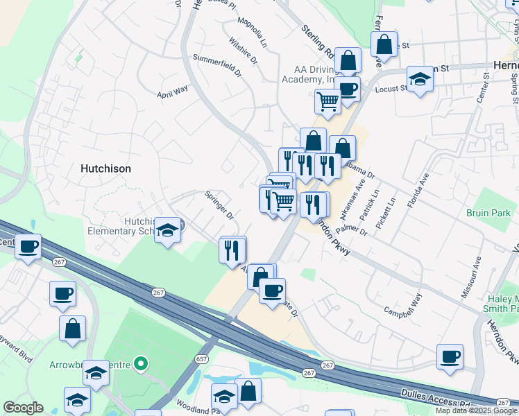 map of restaurants, bars, coffee shops, grocery stores, and more near 1155 Herndon Parkway in Herndon
