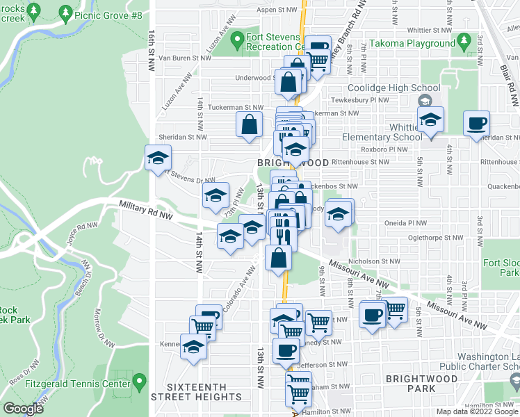 map of restaurants, bars, coffee shops, grocery stores, and more near 1300 Peabody Street Northwest in Washington