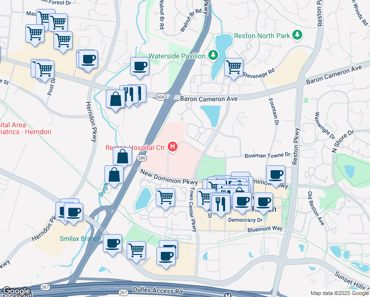 map of restaurants, bars, coffee shops, grocery stores, and more near 1850 Town Center Parkway in Reston