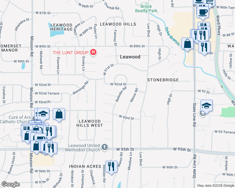 map of restaurants, bars, coffee shops, grocery stores, and more near 9214 Belinder Road in Leawood