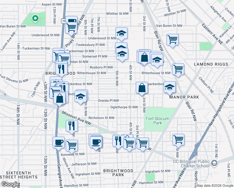 map of restaurants, bars, coffee shops, grocery stores, and more near 5th Street Northwest & Peabody Street Northwest in Washington