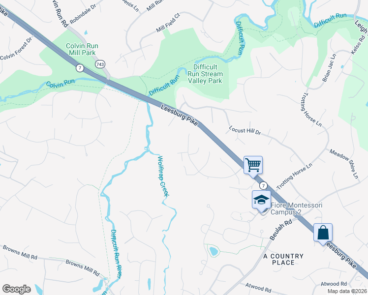 map of restaurants, bars, coffee shops, grocery stores, and more near 1290 Thompson Run Court in Vienna