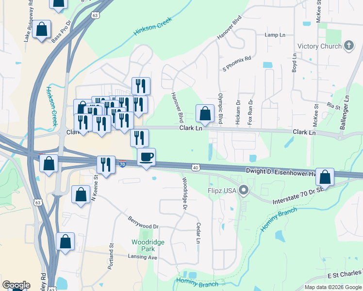map of restaurants, bars, coffee shops, grocery stores, and more near 3810 Clark Lane in Columbia