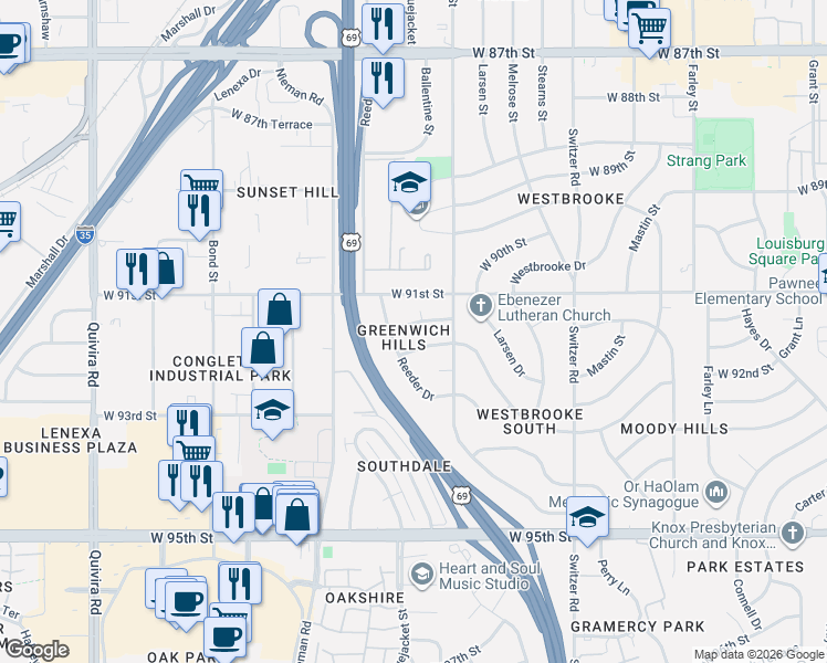 map of restaurants, bars, coffee shops, grocery stores, and more near 9135 Reeder Drive in Overland Park