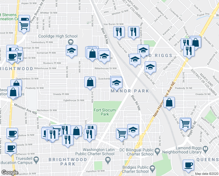 map of restaurants, bars, coffee shops, grocery stores, and more near Peabody St NW & 2nd St NW in Washington