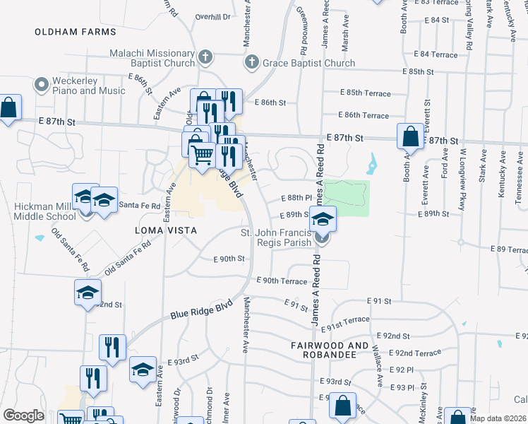 map of restaurants, bars, coffee shops, grocery stores, and more near 8820 Manchester in Kansas City