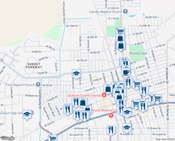 map of restaurants, bars, coffee shops, grocery stores, and more near 504 West 6th Street in Seymour