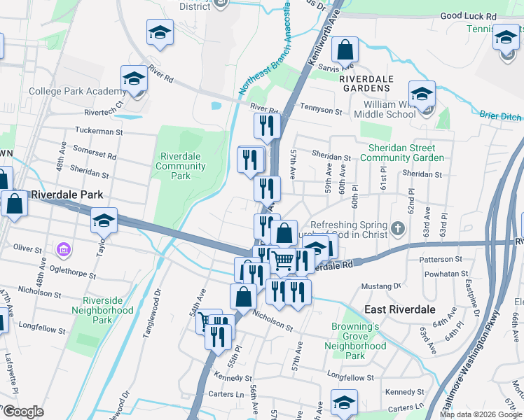 map of restaurants, bars, coffee shops, grocery stores, and more near 6210 Kenilworth Ave in Riverdale