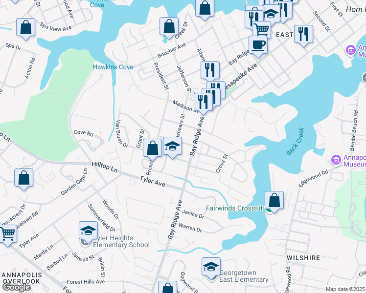 map of restaurants, bars, coffee shops, grocery stores, and more near 915 Jackson Street in Annapolis