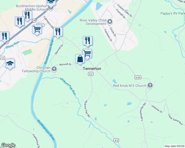 map of restaurants, bars, coffee shops, grocery stores, and more near 13-17 Hickory Flat Rd in Buckhannon